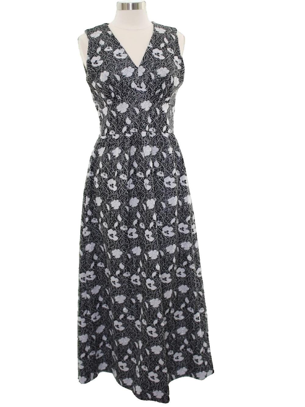Vintage 70s Handmade Black Silver Floral Sleeveless Maxi Dress Women's Small